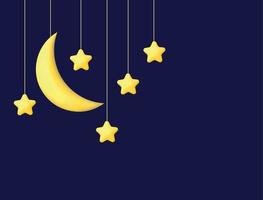 Crescent moon, golden stars and white clouds 3d style isolated on blue background. Dream, lullaby, dreams background design for banner, booklet, poster. Vector illustration