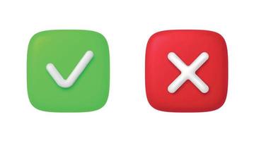 3D Right and Wrong Button in Round Shape. Green Yes and Red No Correct Incorrect Sign. Checkmark Tick Rejection, Cancel, Error, Stop, Negative, Agreement Approval or Trust Symbol. Vector Illustration