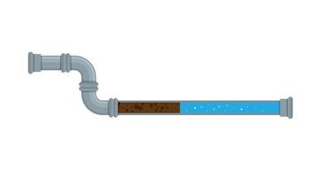 A vector stock illustration with clogged pipe and trash inside isolated on a white background. The sectional pipe is blocked, water sludge. A flat stock illustration as a concept of plumbing problems