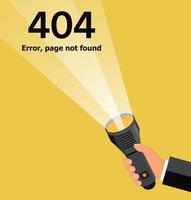 pantalla error 404, página no encontró. Linterna brillar en texto y botón. plano vector ilustración