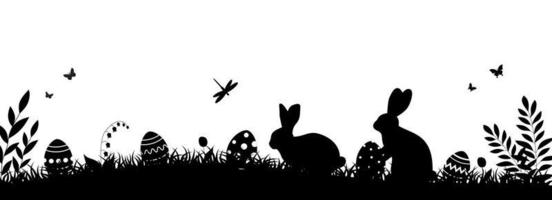 Easter illustration with rabbit and grass and eggs.Easter Background with rabbit and easter eggs. Silhouette vector graphics.