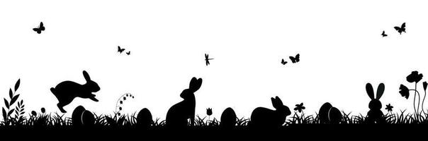 Easter illustration with rabbit and grass and eggs.Easter Background with rabbit and easter eggs. Silhouette vector graphics.