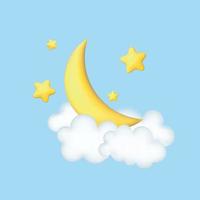 Crescent moon, golden stars and white clouds 3d style isolated on blue background. Dream, lullaby, dreams background design for banner, booklet, poster. Vector illustration