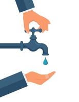 Hand opens or closes a water tap, save water,concept of eco and world water day. vector