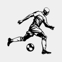 A black and white drawing of a soccer player dribbling a ball. vector