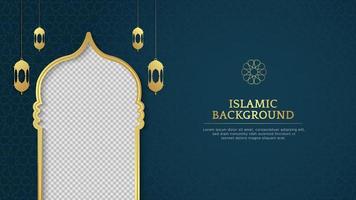 Islamic Arabic Blue and Golden Luxury Background with geometric Pattern and Empty Space for Photo vector