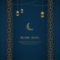 islámico Arábica azul y dorado lujo antecedentes con geométrico modelo y linternas vector