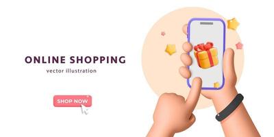 3d vector realistic render mockup banner for shopping online man hand holding smartphone picking up the gift present design