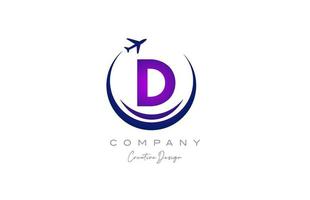 D alphabet letter logo with plane for a travel or booking agency in purple. Corporate creative template design for company and business vector