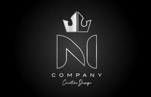 N metal alphabet letter logo icon design. Silver grey creative crown king template for business and company vector