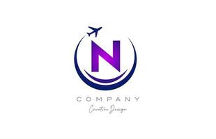 N alphabet letter logo with plane for a travel or booking agency in purple. Corporate creative template design for company and business vector