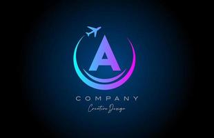 blue pink A alphabet letter logo with plane for a travel or booking agency. Corporate creative template design for company and business vector