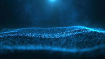 Abstract blue technology background with a flowing digital light wave of glowing blue data particles. Modern tech motion background animation with shallow depth of field and bokeh effect. video