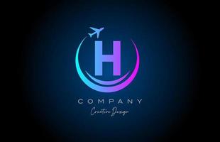 blue pink H alphabet letter logo with plane for a travel or booking agency. Corporate creative template design for company and business vector