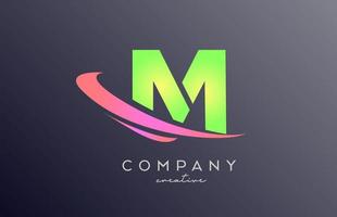 green pink M alphabet letter logo icon with swoosh. Creative template design for business and company vector