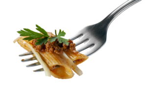 penne bolognese with parmesan cheese on a fork png
