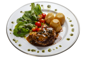 Filet mignon steak with arugula, cherry tomatoes, potatoes png