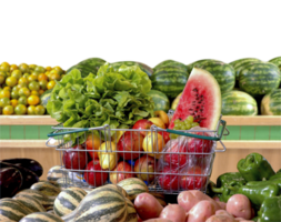 cesta de Fruta y vegetales a el mercado