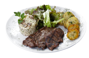 Beef steak with potatoes and rice in isolated white background png