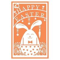 Greeting card template with Easter bunny, papercut style paper cutting, vector illustration