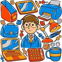 A cartoon of a business owner with a set of office items. vector