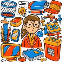 A cartoon of a business owner with a set of office items. vector