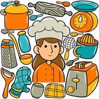 A cartoon of a chef with a set of kitchen items. vector