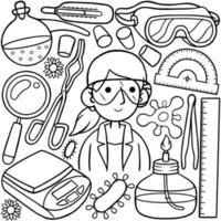 a line art drawing of a scientist with various items including a science equipment. vector