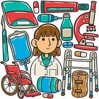 A cartoon of a woman doctor with a set of medical items. vector