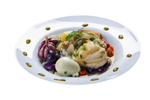 Cod with eggs olives and vegetables png