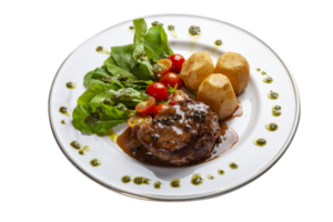 Filet mignon with sauce, salad and potato png