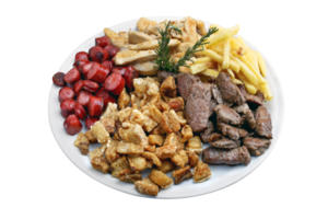 bord met snacks, vlees, aardappelen, worst, cracklings png