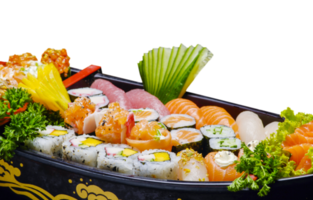 Sushi sashimi set in a wooden boat on a brown png