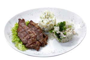 Beef steak with potatoes and rice in isolated white background png