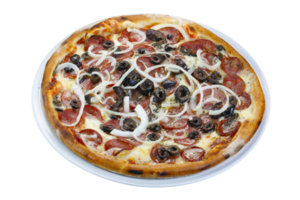 pizza met olijven, pepperoni en ui png