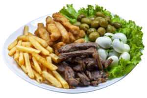 Snacks with fries, meat Picanha, quail egg, olives and breaded fish png