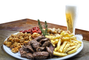 Plate of snacks, meat, potatoes, sausage, cracklings png