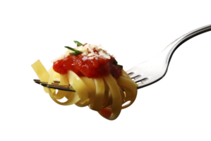 Pasta with tomato sauce on fork