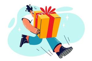 corriendo hombre sostiene enorme regalo caja a deseo Novia o amigo contento cumpleaños o otro día festivo. apresurarse mensajero prisa a presente regalo ordenado en en línea Tienda con puerta a puerta entrega vector