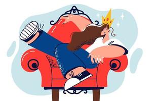 Young woman with crown on head sits in red chair with legs up and behaves selfishly because of bad upbringing. Girl in crown demonstrates leadership qualities and suffers from narcissism vector