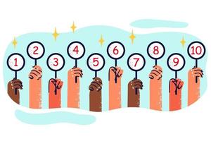 Peoples hands with set of plates with numbers from one to ten are designed to evaluate results of competition. Hands of judges or arbitrators of quiz casting their votes two fair numerical score vector