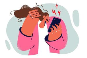 Woman stressed looking at mobile phone screen after seeing aggressive social media post. Girl suffering from stress and for cyberbullying in phone applications or negative information in news vector
