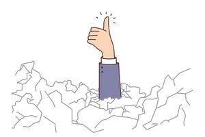 Closeup of businessman buried under paper pile stretch hand show thumb up. Male employee overwhelmed with paperwork demonstrate optimism. Vector illustration.