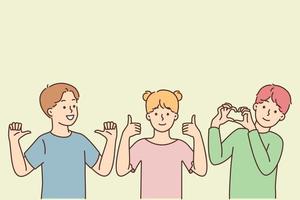 Smiling children showing different hand gestures. Happy kids demonstrate symbols and signs. Nonverbal communication and body language. Vector illustration.