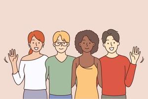 Smiling multiethnic people stand together waving hands. Happy interracial men and women feeling positive enjoy multiracial friendship or relations. Vector illustration.