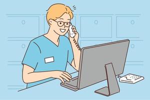 sonriente masculino médico en uniforme hablar en teléfono trabajo en computadora en oficina. contento medio especialista hablar en teléfono en clínica. vector ilustración.