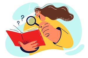 Curious woman student with magnifying glass reads book wanting to find important information for term paper. Girl studies literature and books in library enjoying acquisition of new knowledge vector