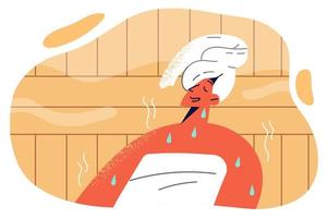 Woman sweats sitting in sauna and enjoying spa treatments that promote rejuvenation and improve health. Girl with towel on head, rests visits Finnish sauna in spa for heat therapy vector