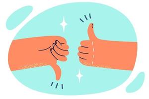 Two hands showing thumbs up or down symbolizes argument on current topic or difficult choice. People hands making thumbs up gesture to give feedback on agreement or disapproval of proposed option vector