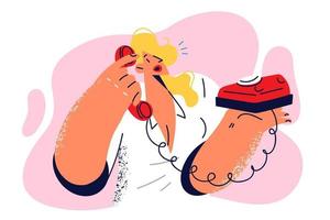 Woman with phone answers calls working as secretary in office or customer service. Elegant girl puts wired phone to ear doing remote sales or calling potential customers of company vector